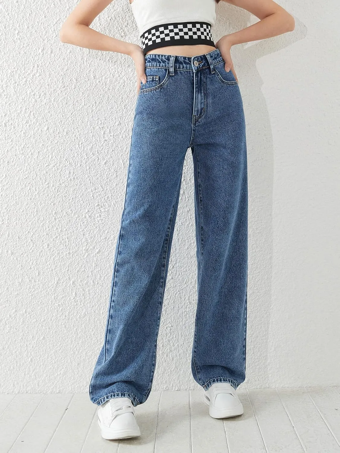 SweatyRocks Girl's High Waisted Solid Straight Leg Jeans Casual Loose Denim Pants