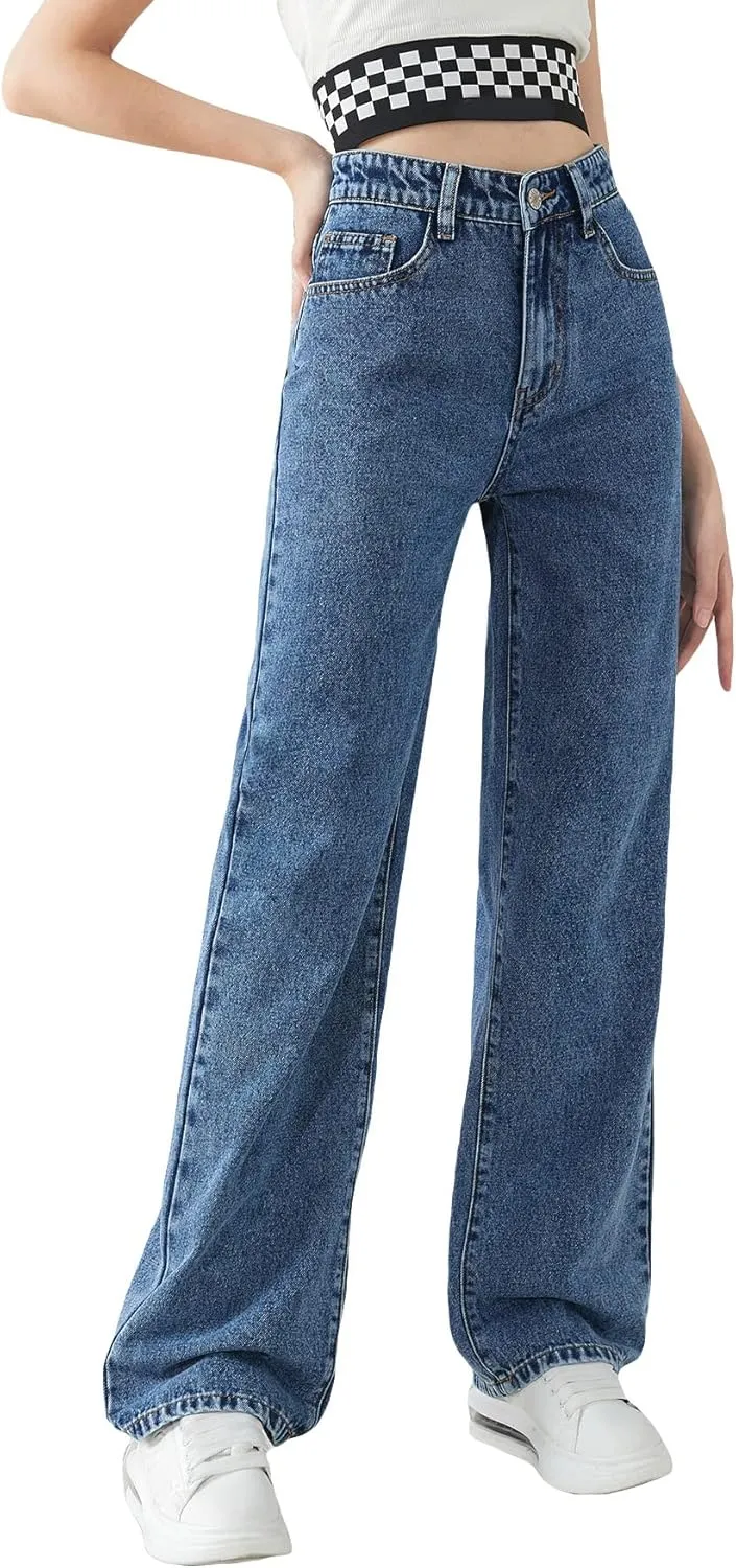 SweatyRocks Girl's High Waisted Solid Straight Leg Jeans Casual Loose Denim Pants