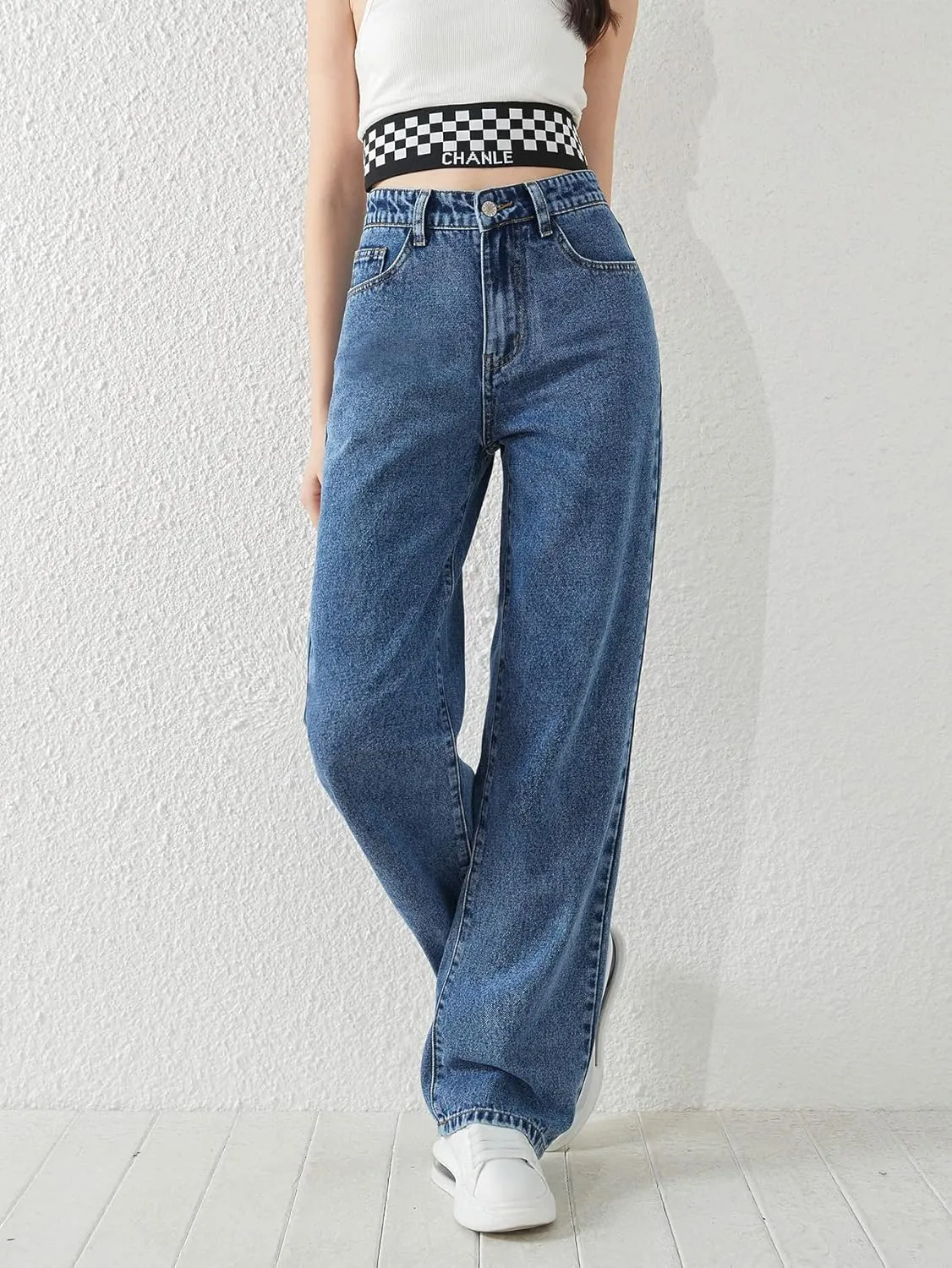 SweatyRocks Girl's High Waisted Solid Straight Leg Jeans Casual Loose Denim Pants