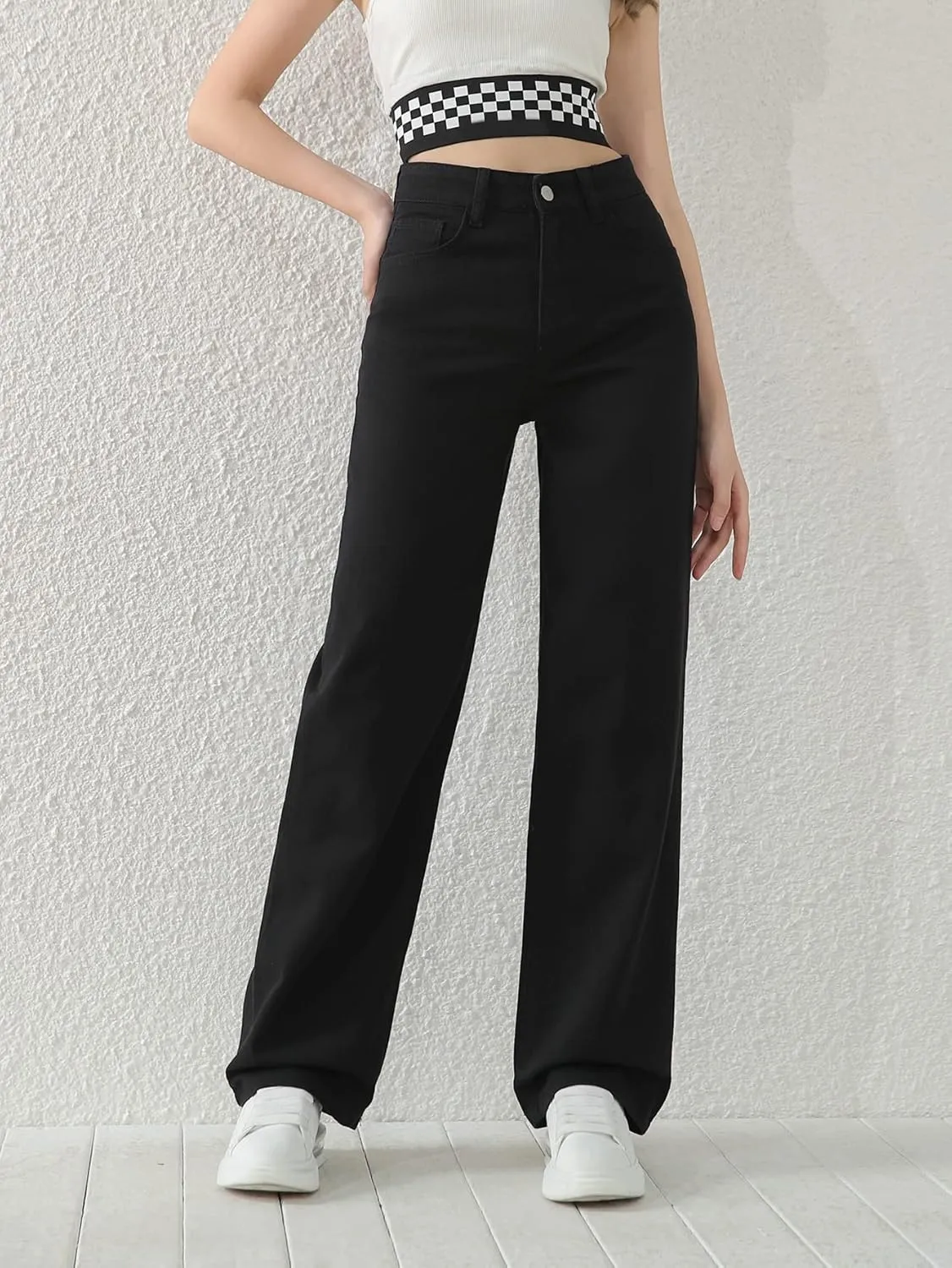SweatyRocks Girl's High Waisted Solid Straight Leg Jeans Casual Loose Denim Pants
