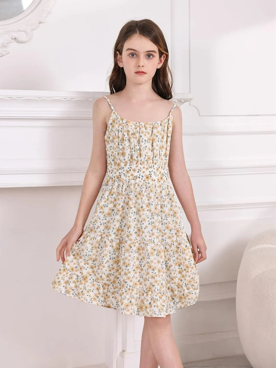 SweatyRocks Girl's Spaghetti Strap Ruched Cami Dress Floral Print Ruffle Flared Mini Dresses