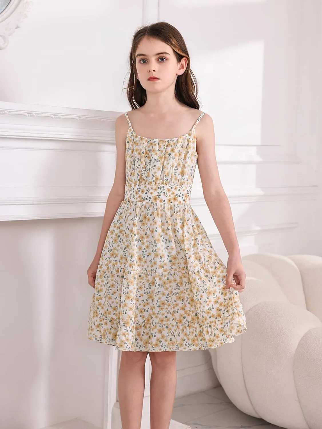 SweatyRocks Girl's Spaghetti Strap Ruched Cami Dress Floral Print Ruffle Flared Mini Dresses
