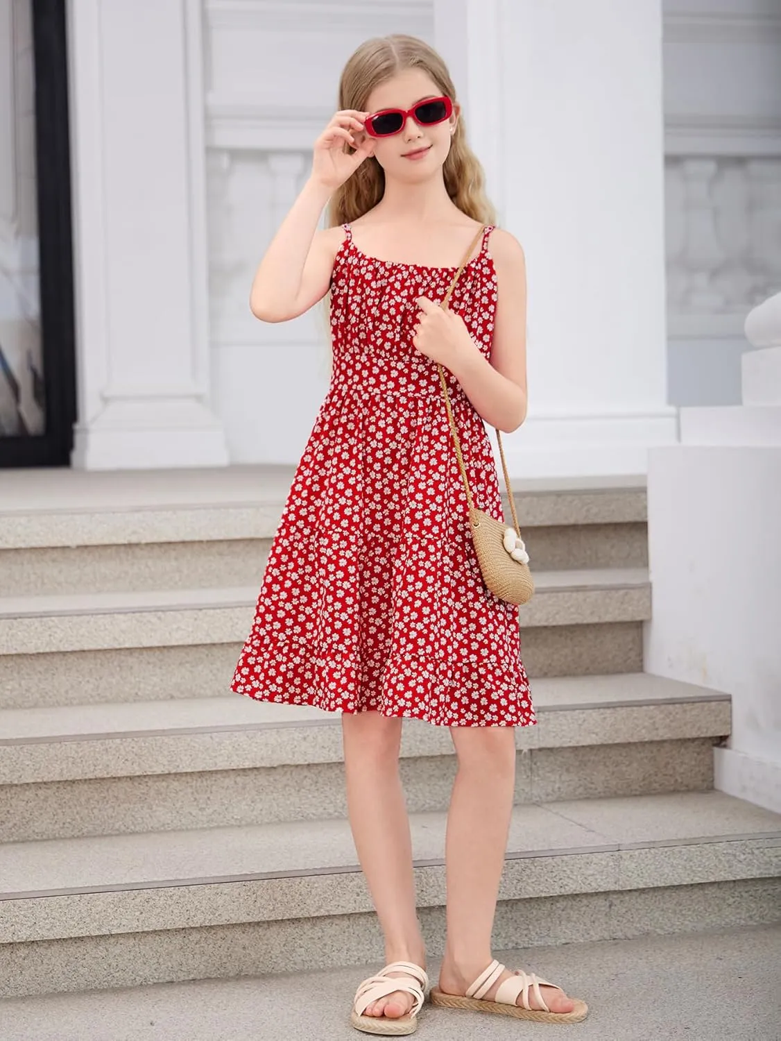 SweatyRocks Girl's Spaghetti Strap Ruched Cami Dress Floral Print Ruffle Flared Mini Dresses