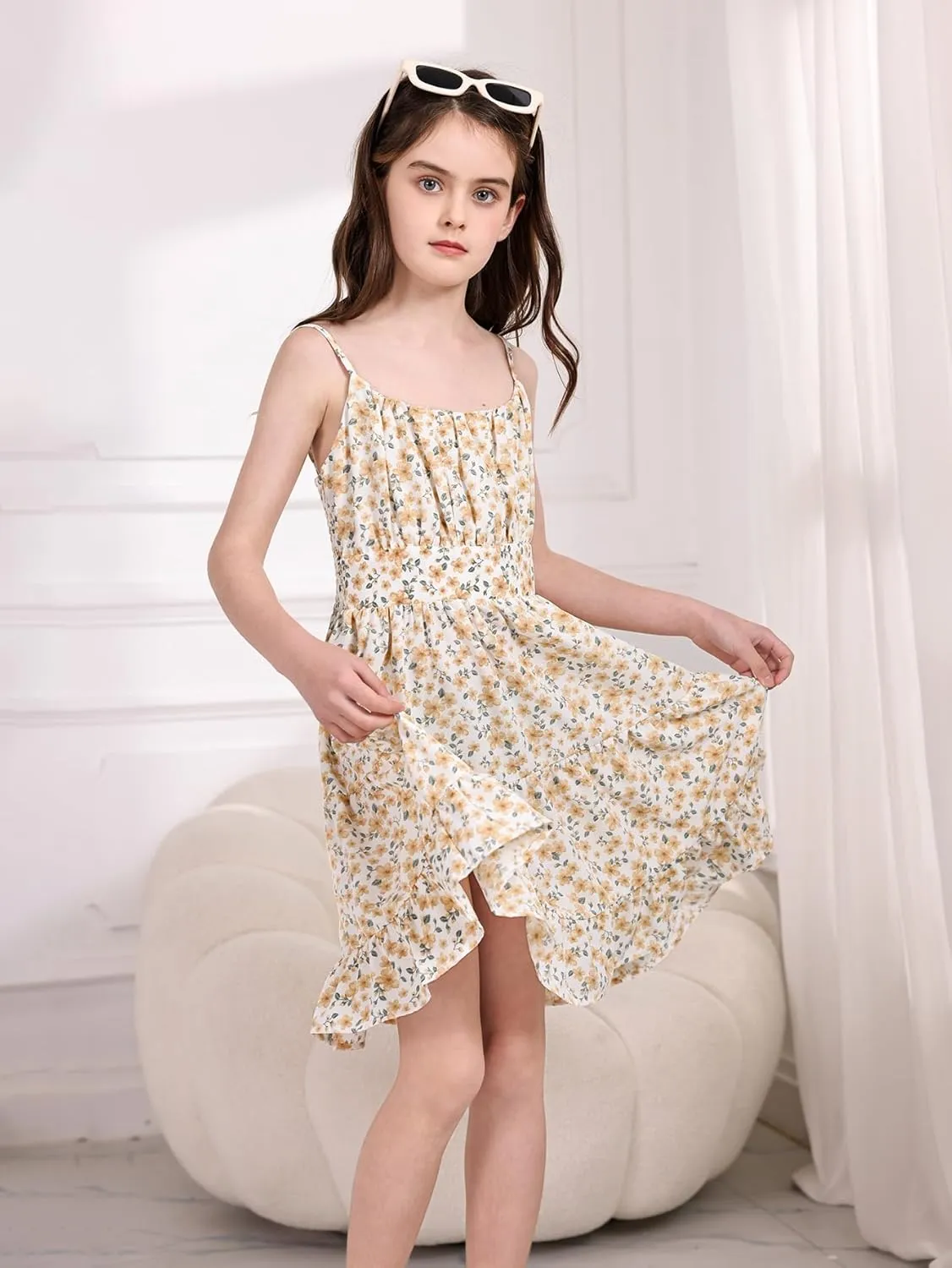 SweatyRocks Girl's Spaghetti Strap Ruched Cami Dress Floral Print Ruffle Flared Mini Dresses