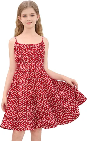 SweatyRocks Girl's Spaghetti Strap Ruched Cami Dress Floral Print Ruffle Flared Mini Dresses