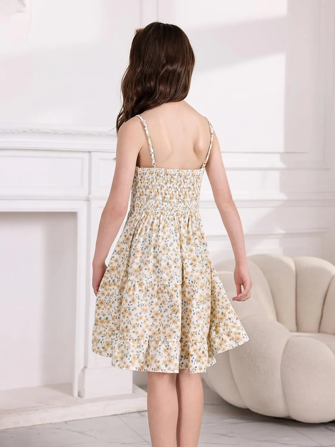 SweatyRocks Girl's Spaghetti Strap Ruched Cami Dress Floral Print Ruffle Flared Mini Dresses