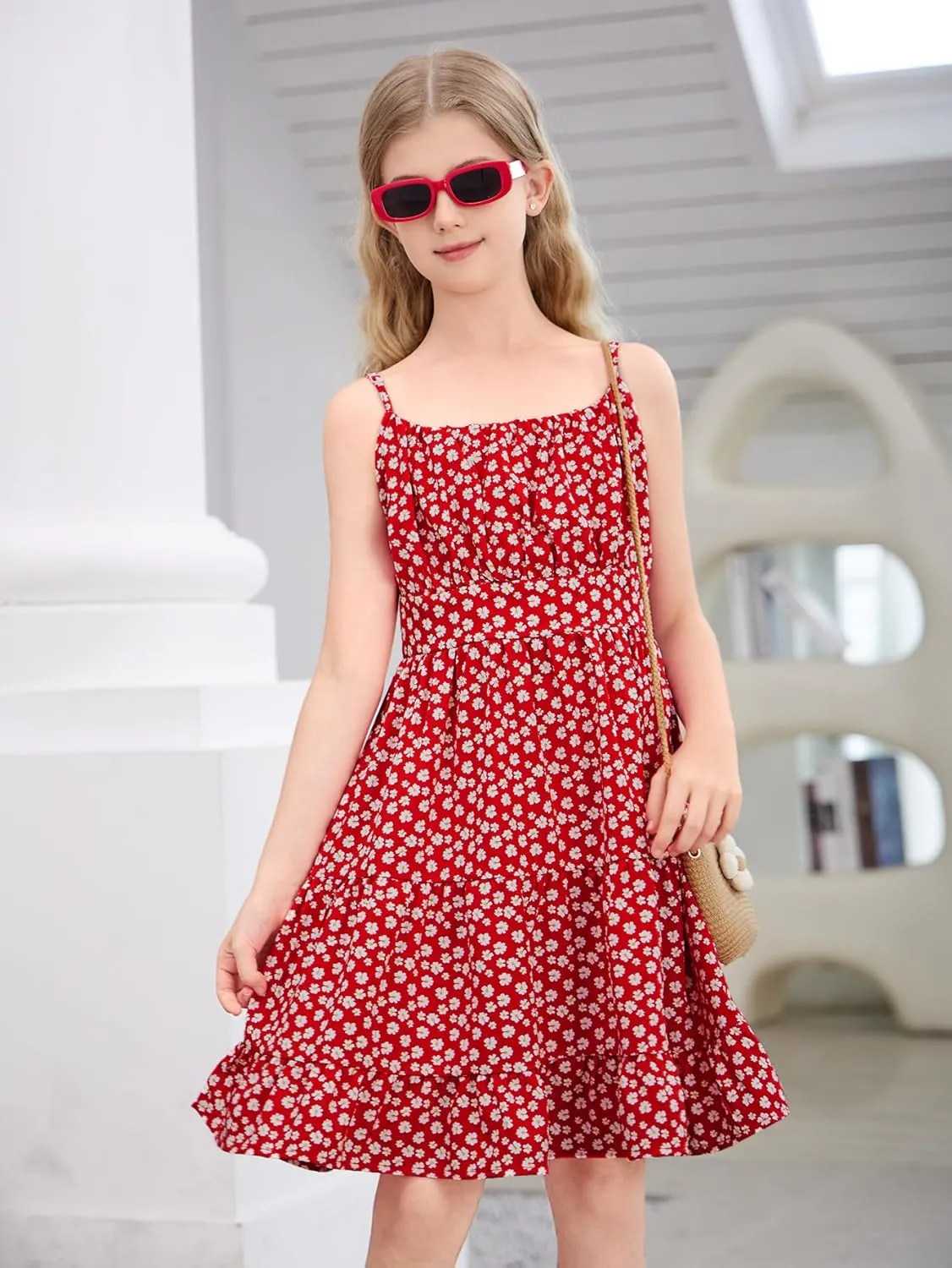 SweatyRocks Girl's Spaghetti Strap Ruched Cami Dress Floral Print Ruffle Flared Mini Dresses