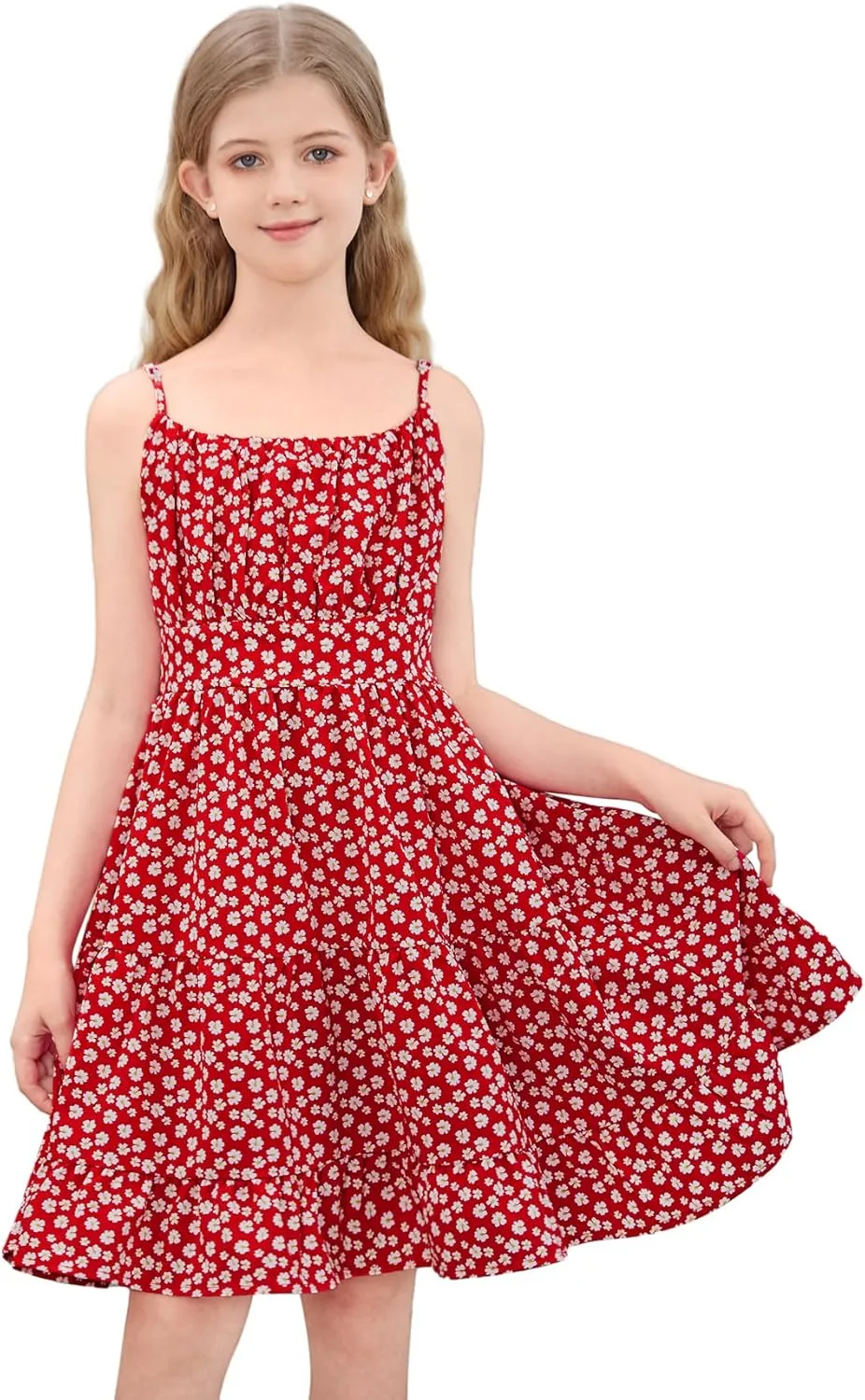 SweatyRocks Girl's Spaghetti Strap Ruched Cami Dress Floral Print Ruffle Flared Mini Dresses
