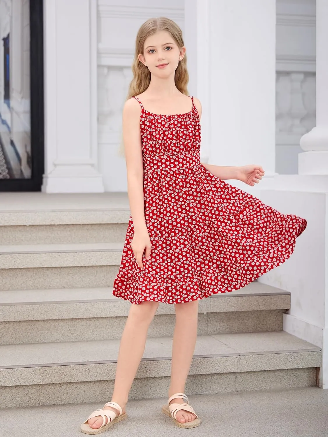 SweatyRocks Girl's Spaghetti Strap Ruched Cami Dress Floral Print Ruffle Flared Mini Dresses
