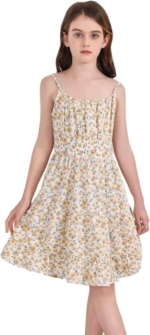 SweatyRocks Girl's Spaghetti Strap Ruched Cami Dress Floral Print Ruffle Flared Mini Dresses