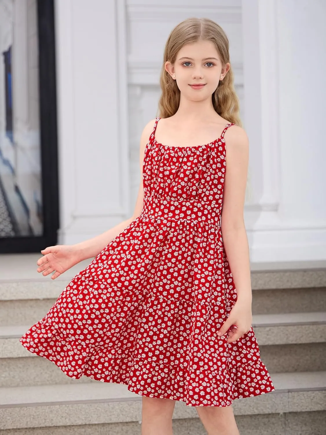SweatyRocks Girl's Spaghetti Strap Ruched Cami Dress Floral Print Ruffle Flared Mini Dresses