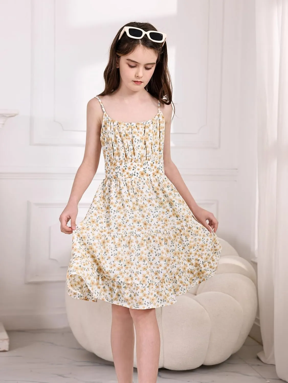 SweatyRocks Girl's Spaghetti Strap Ruched Cami Dress Floral Print Ruffle Flared Mini Dresses