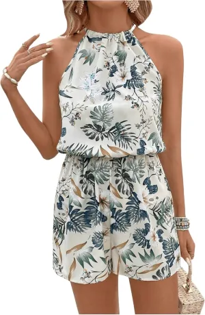 SweatyRocks Women's Allover Print Sleeveless Halter Jumpsuit High Waist Cami Romper with Pocket