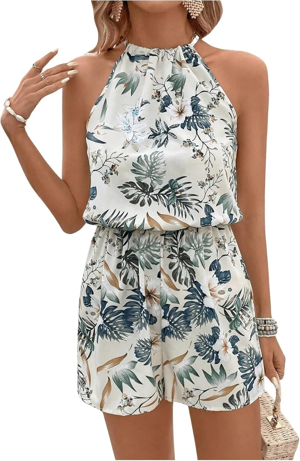 SweatyRocks Women's Allover Print Sleeveless Halter Jumpsuit High Waist Cami Romper with Pocket