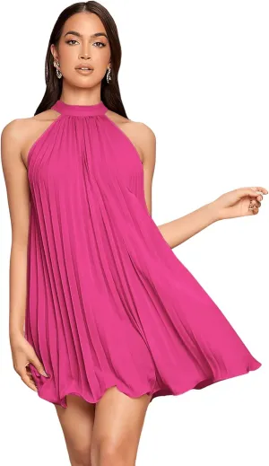 SweatyRocks Women's Casual Sleeveless Tie Back Halter Dress Mini Swing Pleated A-line Loose Dress