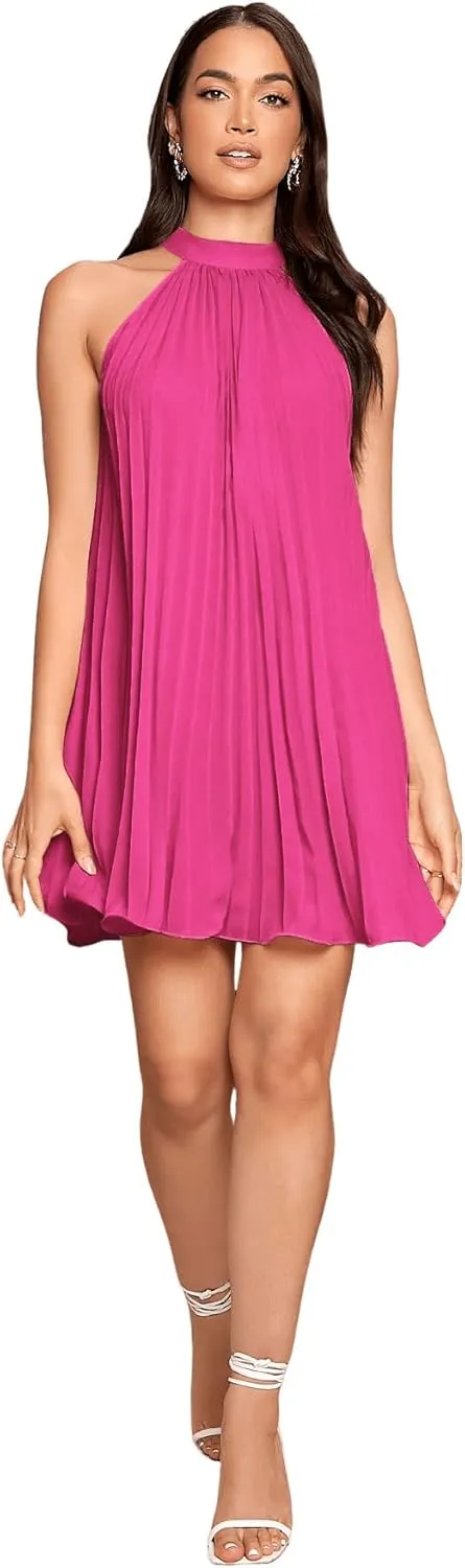 SweatyRocks Women's Casual Sleeveless Tie Back Halter Dress Mini Swing Pleated A-line Loose Dress