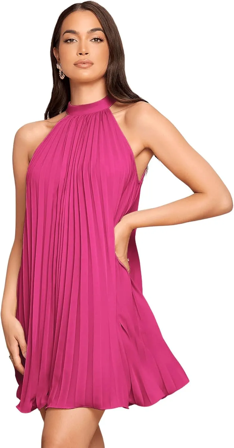 SweatyRocks Women's Casual Sleeveless Tie Back Halter Dress Mini Swing Pleated A-line Loose Dress