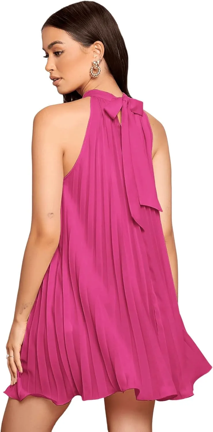SweatyRocks Women's Casual Sleeveless Tie Back Halter Dress Mini Swing Pleated A-line Loose Dress