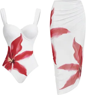 SweatyRocks Women's Floral Print One Piece Control Swimsuit Monokini with Cover Up Beach Skirts Swimwear