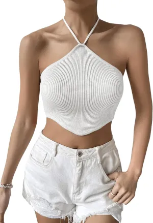 SweatyRocks Women's Sleeveless Tie Back Asymmetrical Hem Knitted Halter Cami Crop Top