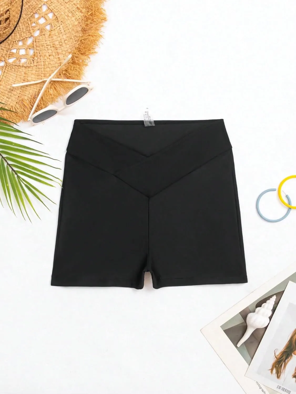 SweatyRocks Women's Solid High Waist Bikini Bottom Crossover High Cut Swimsuit Swim Shorts