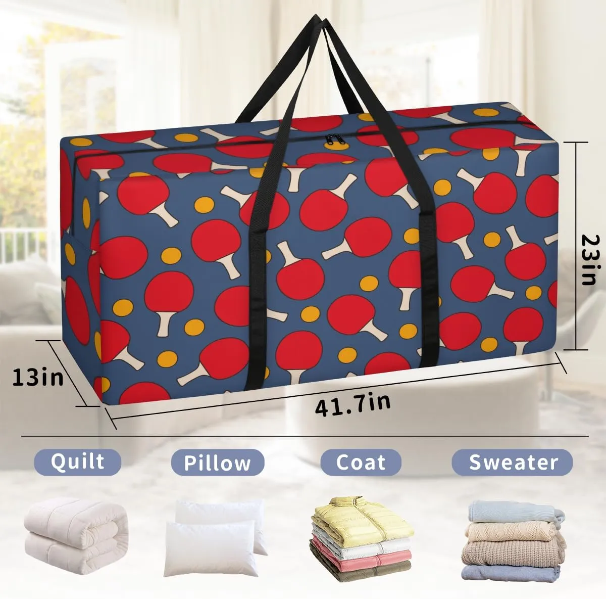 Table Tennis Pattern XXL Heavy Duty Extra Large Moving Bags with Strong Zipper, Moving Supplies Packing Boxes for Moving, Ping Pong