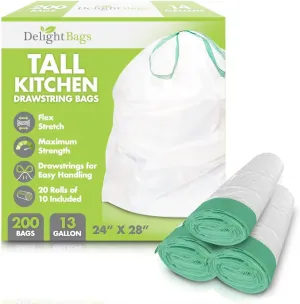 Tall Kitchen (200 count), 13 Gallon, Drawstring Trash Bags, White, Kitchen Bags, 0.9 Mil Thickness, Tall Kitchen Garbage Bags,13 Gallon