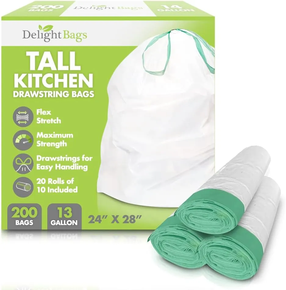 Tall Kitchen (200 count), 13 Gallon, Drawstring Trash Bags, White, Kitchen Bags, 0.9 Mil Thickness, Tall Kitchen Garbage Bags,13 Gallon