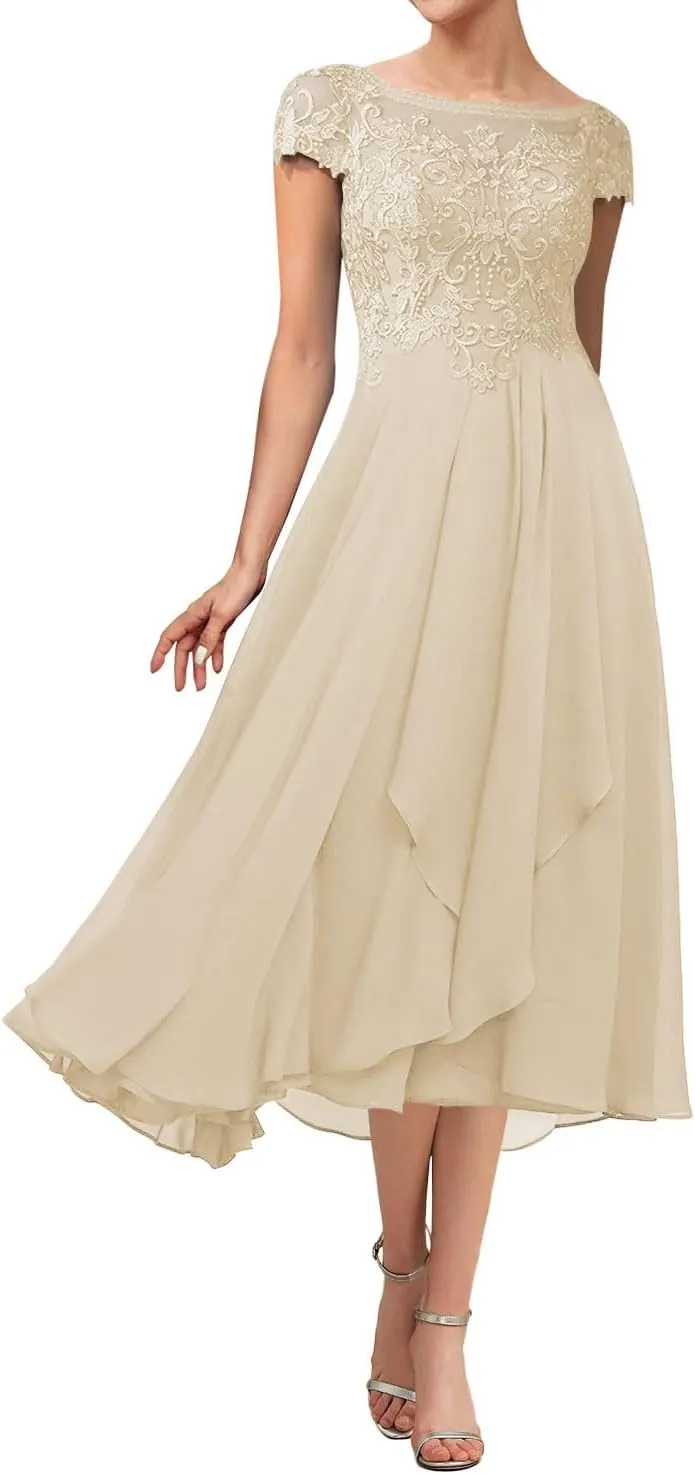 Tea Length Mother of The Bride Dresses for Wedding Lace Wedding Guest Dresses for Women Applique Ruffles Cap Sleeve