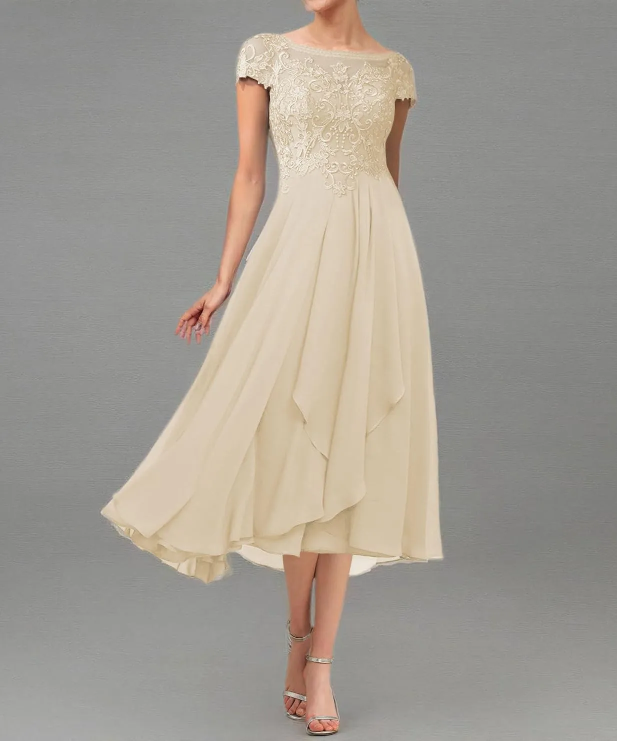 Tea Length Mother of The Bride Dresses for Wedding Lace Wedding Guest Dresses for Women Applique Ruffles Cap Sleeve