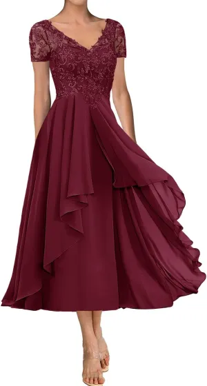 Tea Length Mother of The Bride Dresses for Wedding Lace Wedding Guest Groom Dresses Applique V Neck Ruffle Short Sleeve