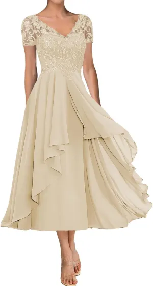 Tea Length Mother of The Bride Dresses for Wedding Lace Wedding Guest Groom Dresses Applique V Neck Ruffle Short Sleeve