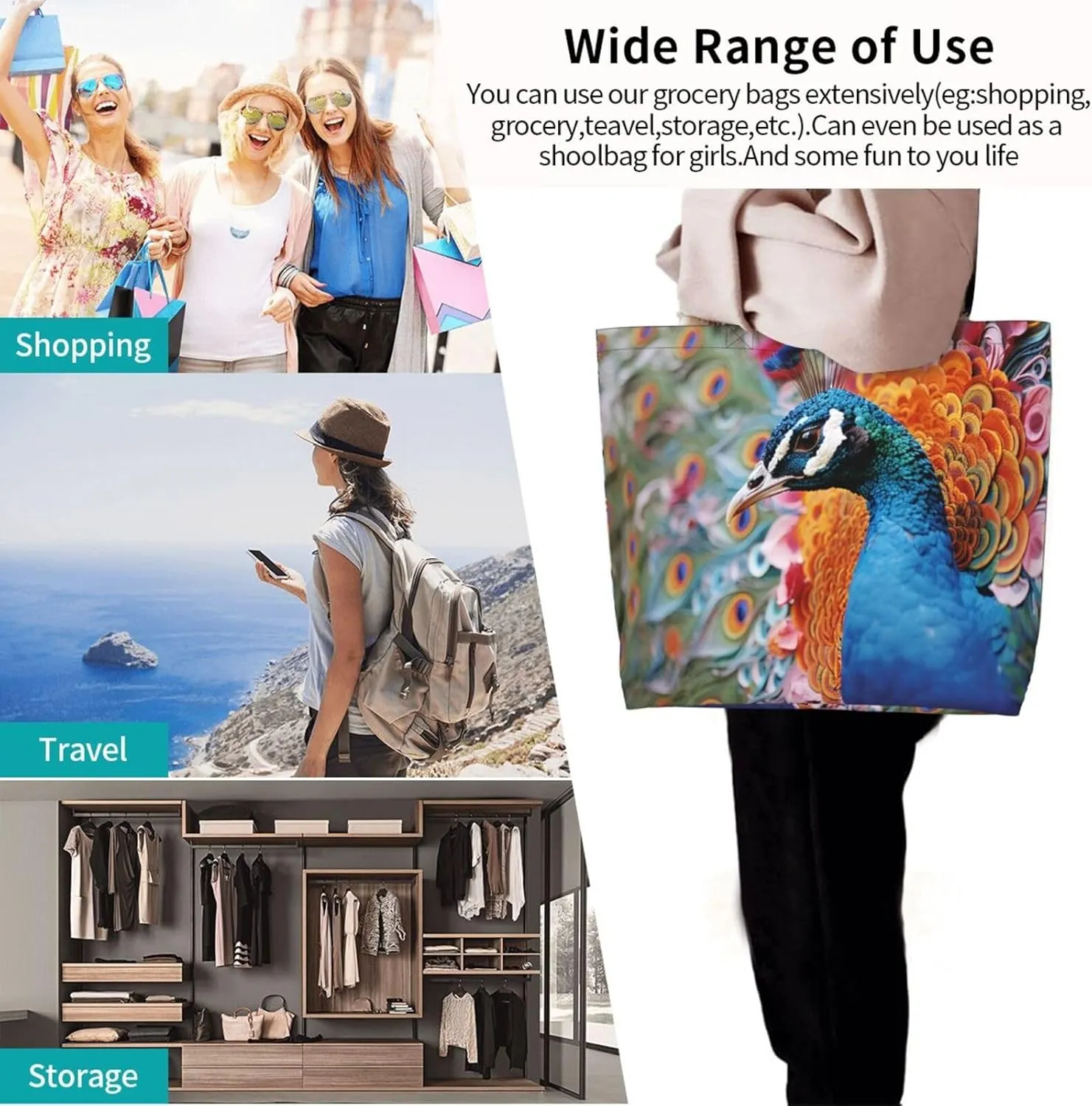 Tote Bag for Women Grocery Bag Reusable Shopping Bag Bird resting on branch Handbag Foldable Shoulder Bag
