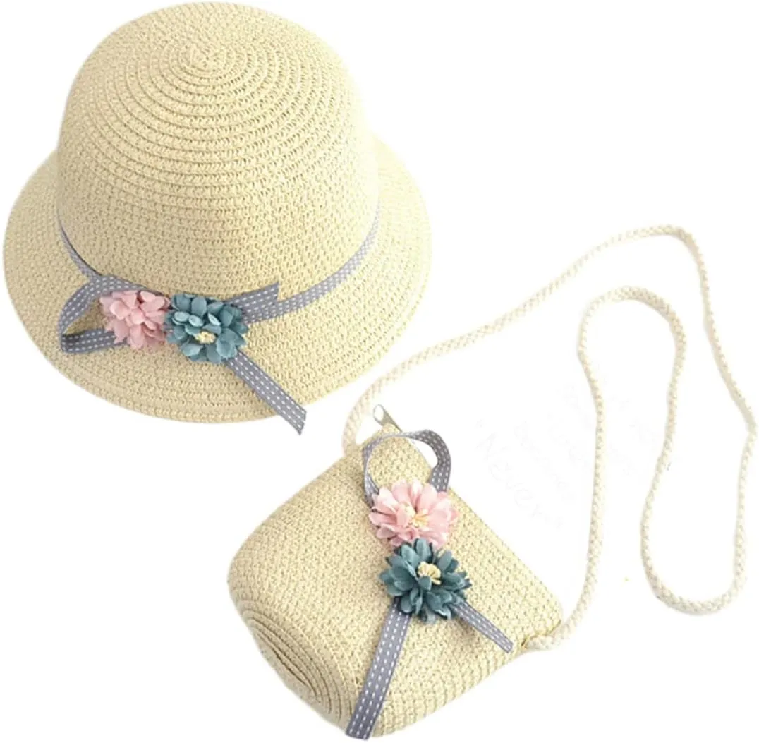 Toyvian 1 Set Kits for Girls Woven Handbag Purse Crossbody Kids Straw Sun Hat Floppy Beach Hat Sun Visor Hat
