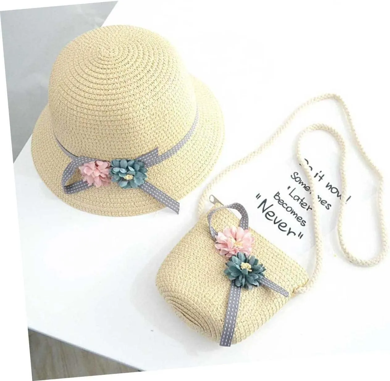 Toyvian 1 Set Kits for Girls Woven Handbag Purse Crossbody Kids Straw Sun Hat Floppy Beach Hat Sun Visor Hat