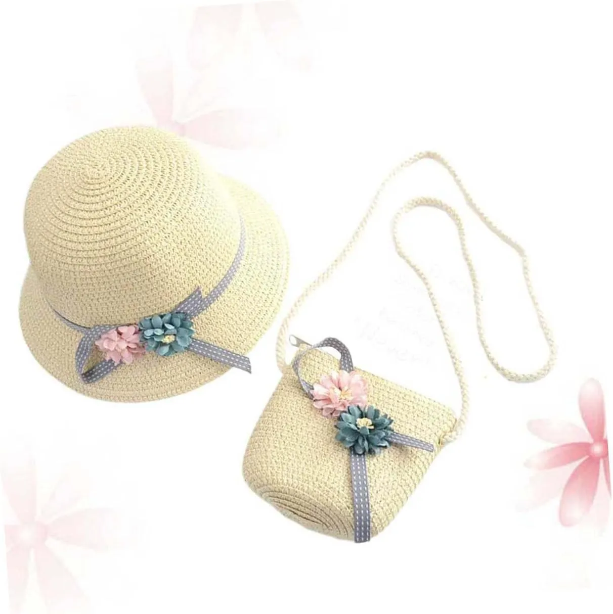 Toyvian 1 Set Kits for Girls Woven Handbag Purse Crossbody Kids Straw Sun Hat Floppy Beach Hat Sun Visor Hat