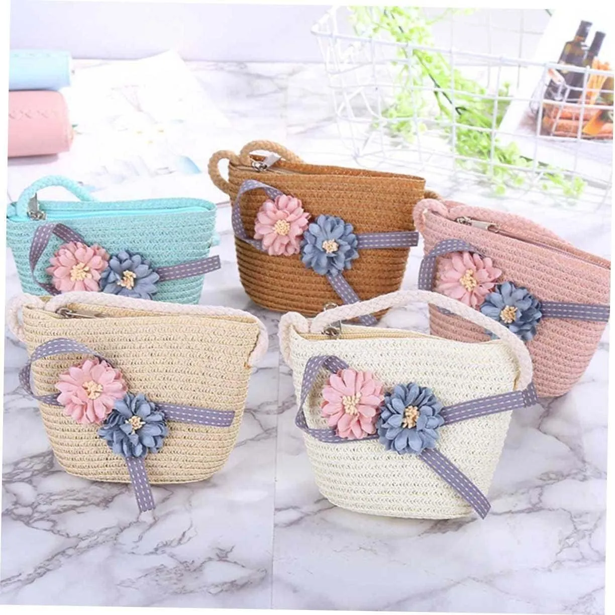 Toyvian 1 Set Kits for Girls Woven Handbag Purse Crossbody Kids Straw Sun Hat Floppy Beach Hat Sun Visor Hat