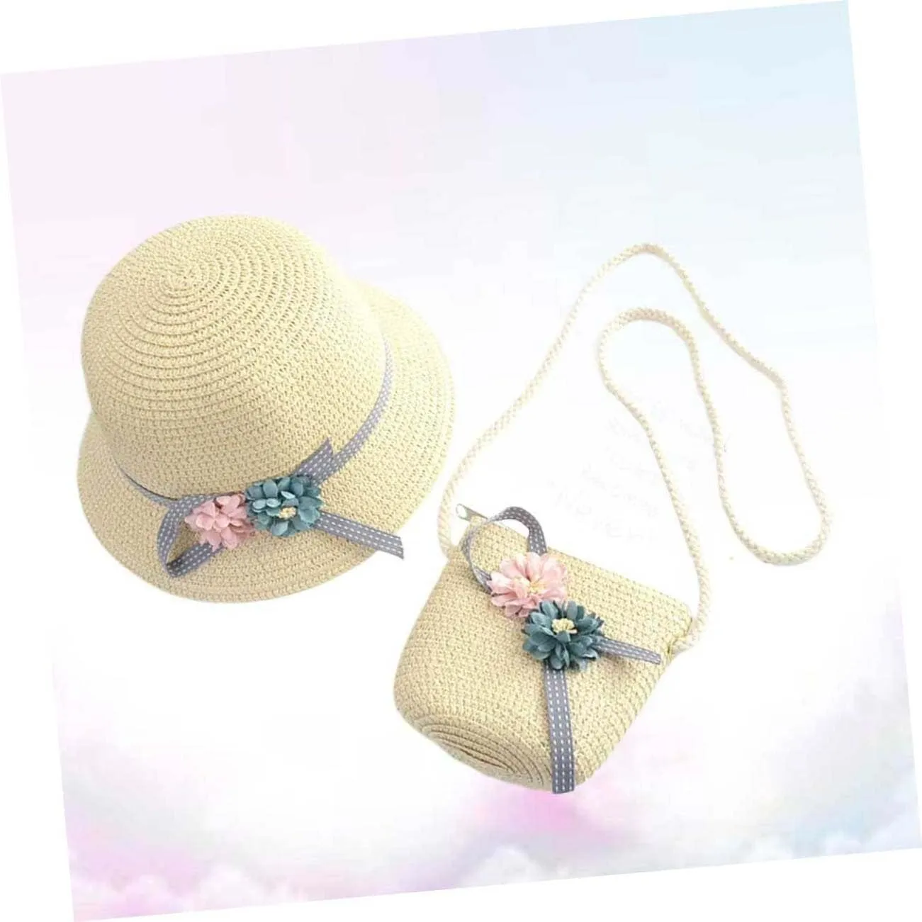 Toyvian 1 Set Kits for Girls Woven Handbag Purse Crossbody Kids Straw Sun Hat Floppy Beach Hat Sun Visor Hat