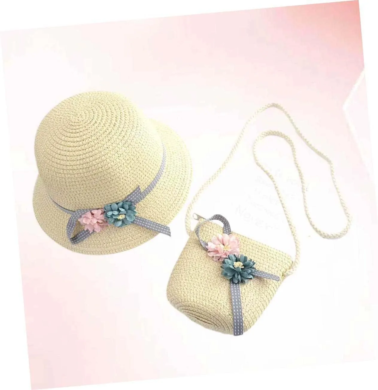 Toyvian 1 Set Kits for Girls Woven Handbag Purse Crossbody Kids Straw Sun Hat Floppy Beach Hat Sun Visor Hat