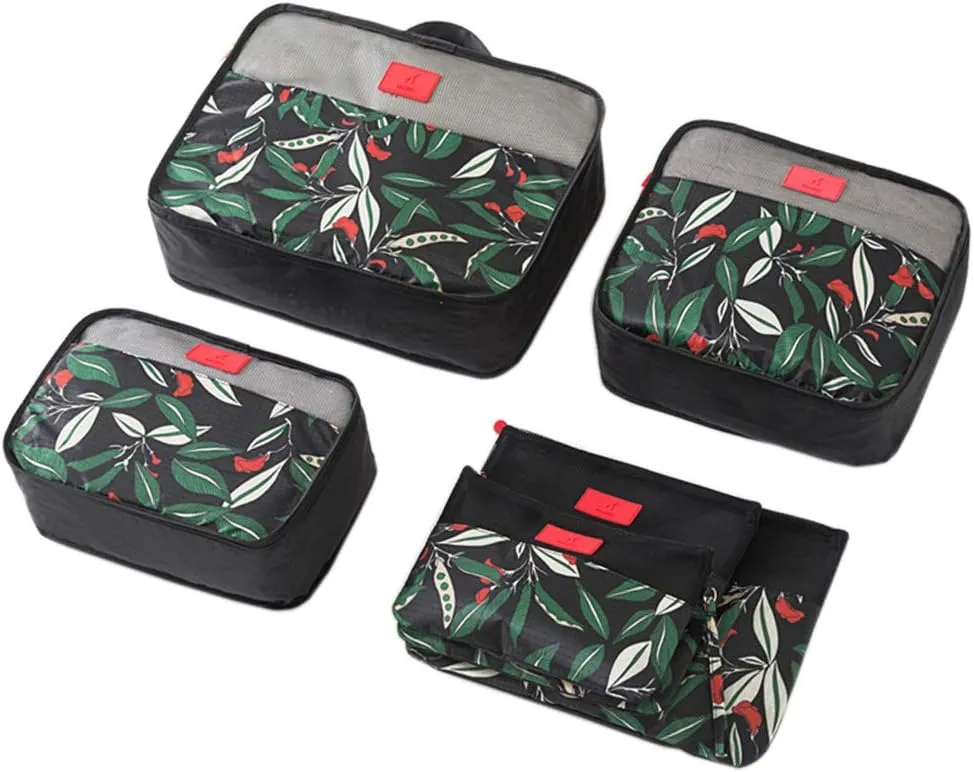 Travel Space Save Storage Organizers Bags 6pcs, Luggage Packing Organizers Waterproof Packing Cubes 3pcs   Pouches 3pcs (6pack, black flower)