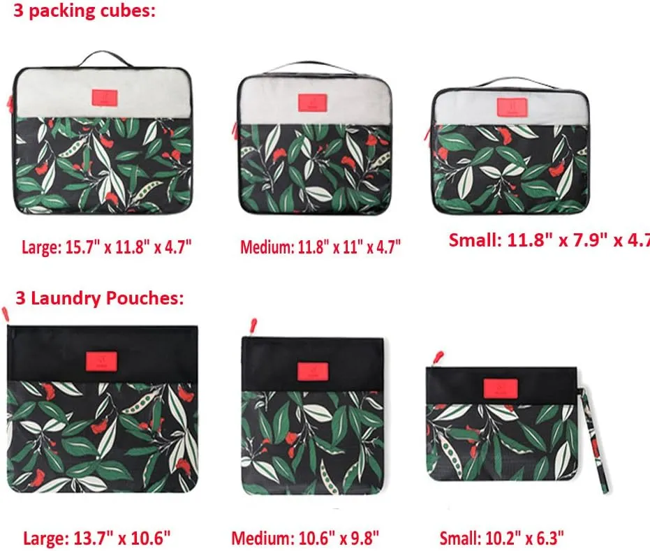 Travel Space Save Storage Organizers Bags 6pcs, Luggage Packing Organizers Waterproof Packing Cubes 3pcs   Pouches 3pcs (6pack, black flower)