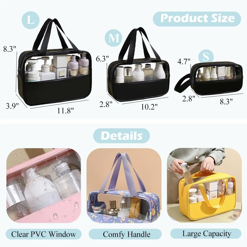Travel Toiletry Bag, Clear Makeup Bags with Handles, Floral Pattern Shower Bag, 3 Pcs Waterproof Toiletry Bag Set for Camp, Travel, Gym (Yellow, Floral)