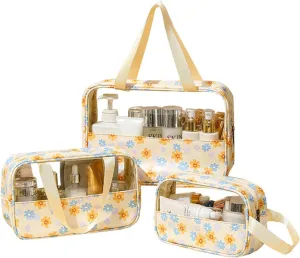 Travel Toiletry Bag, Clear Makeup Bags with Handles, Floral Pattern Shower Bag, 3 Pcs Waterproof Toiletry Bag Set for Camp, Travel, Gym (Yellow, Floral)