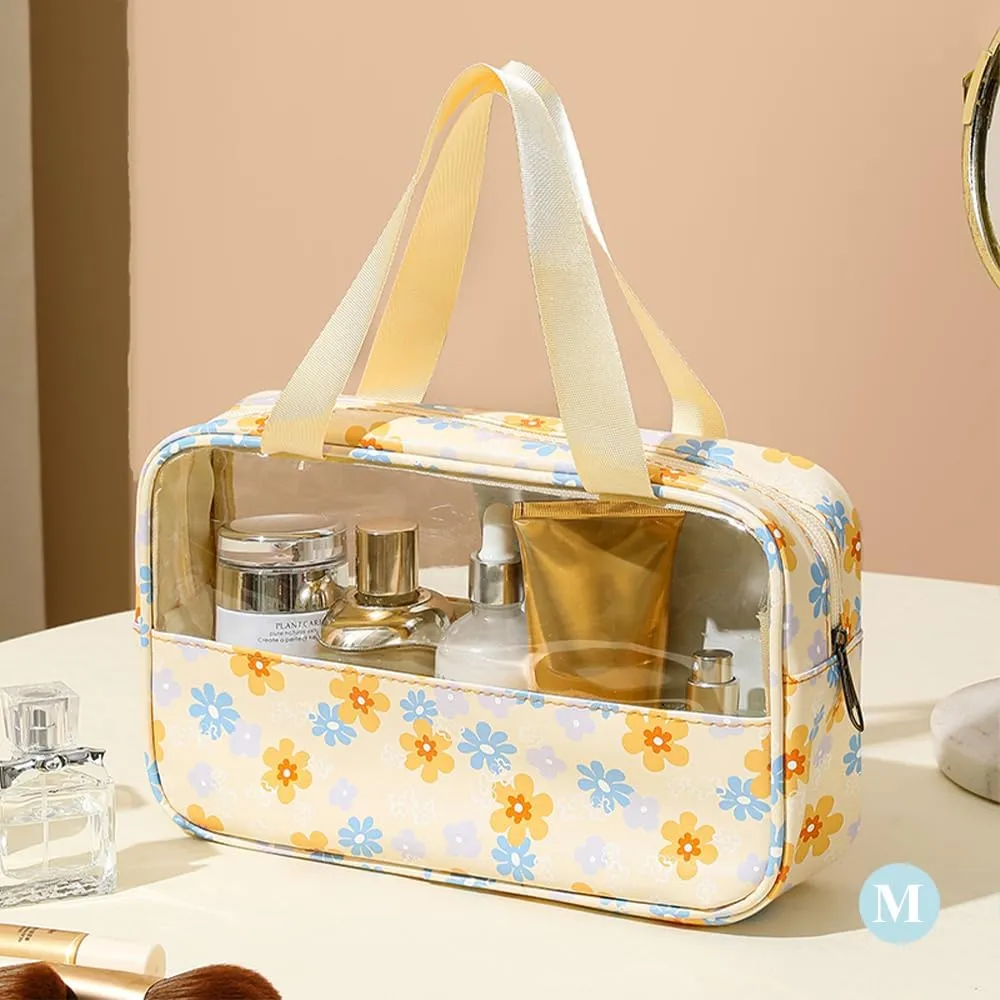 Travel Toiletry Bag, Clear Makeup Bags with Handles, Floral Pattern Shower Bag, 3 Pcs Waterproof Toiletry Bag Set for Camp, Travel, Gym (Yellow, Floral)