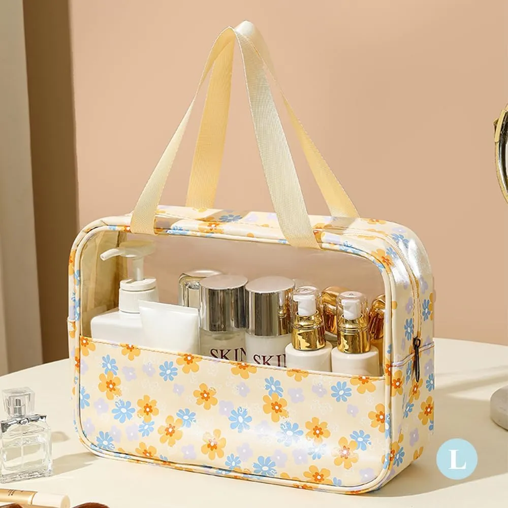 Travel Toiletry Bag, Clear Makeup Bags with Handles, Floral Pattern Shower Bag, 3 Pcs Waterproof Toiletry Bag Set for Camp, Travel, Gym (Yellow, Floral)