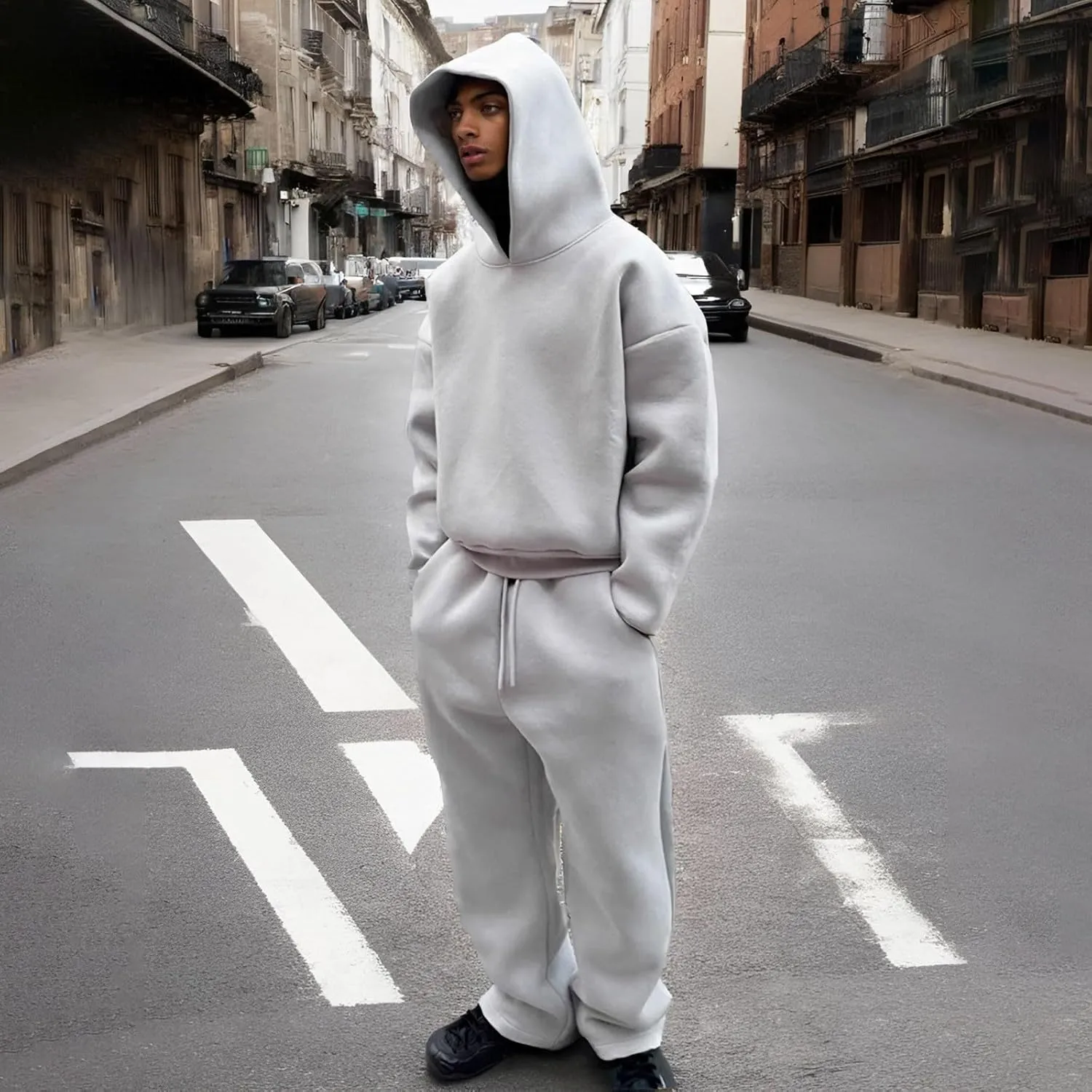 Two Piece Hoodie Sets For Men Fleece Warm Drawstring Pullover Shirts Long Sleeve Baggy Sweatpants Workout Jogger Sets