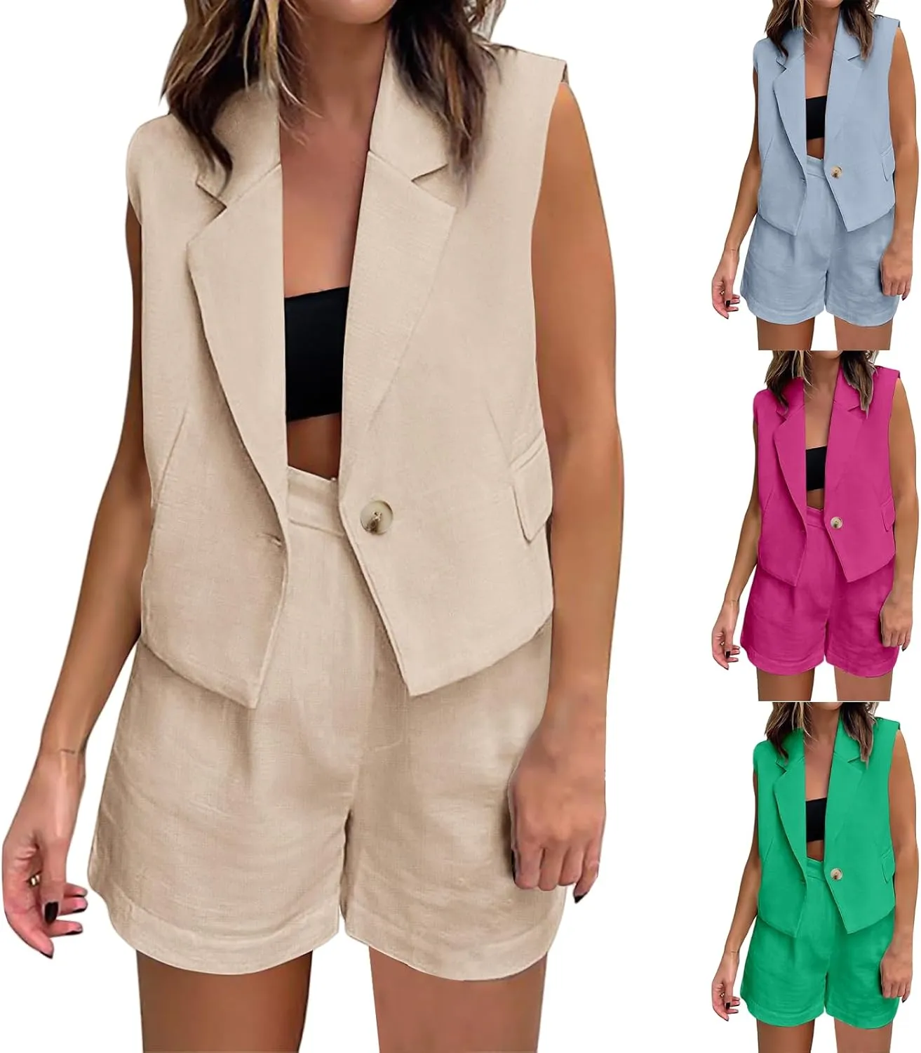 Two Piece Sets for Women Dressy Summer Sleeveless Blazer Vest and High Waist Shorts Suit Business Casual Outfits