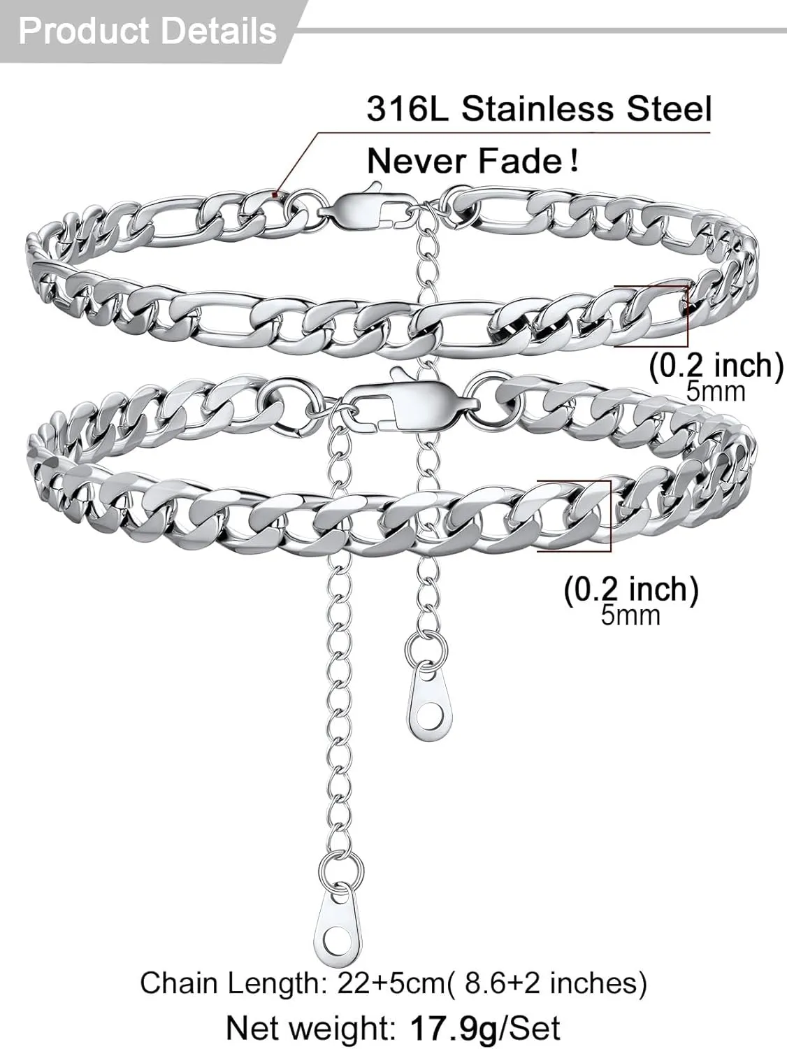 U7 2Pcs/3Pcs Ankle Bracelets for Women, Stainless Steel Cuban Link/Figaro/Rope/Heart Chain Anklets Sets,Waterproof Layered Anklets Adjustable 8.5"-10.5"