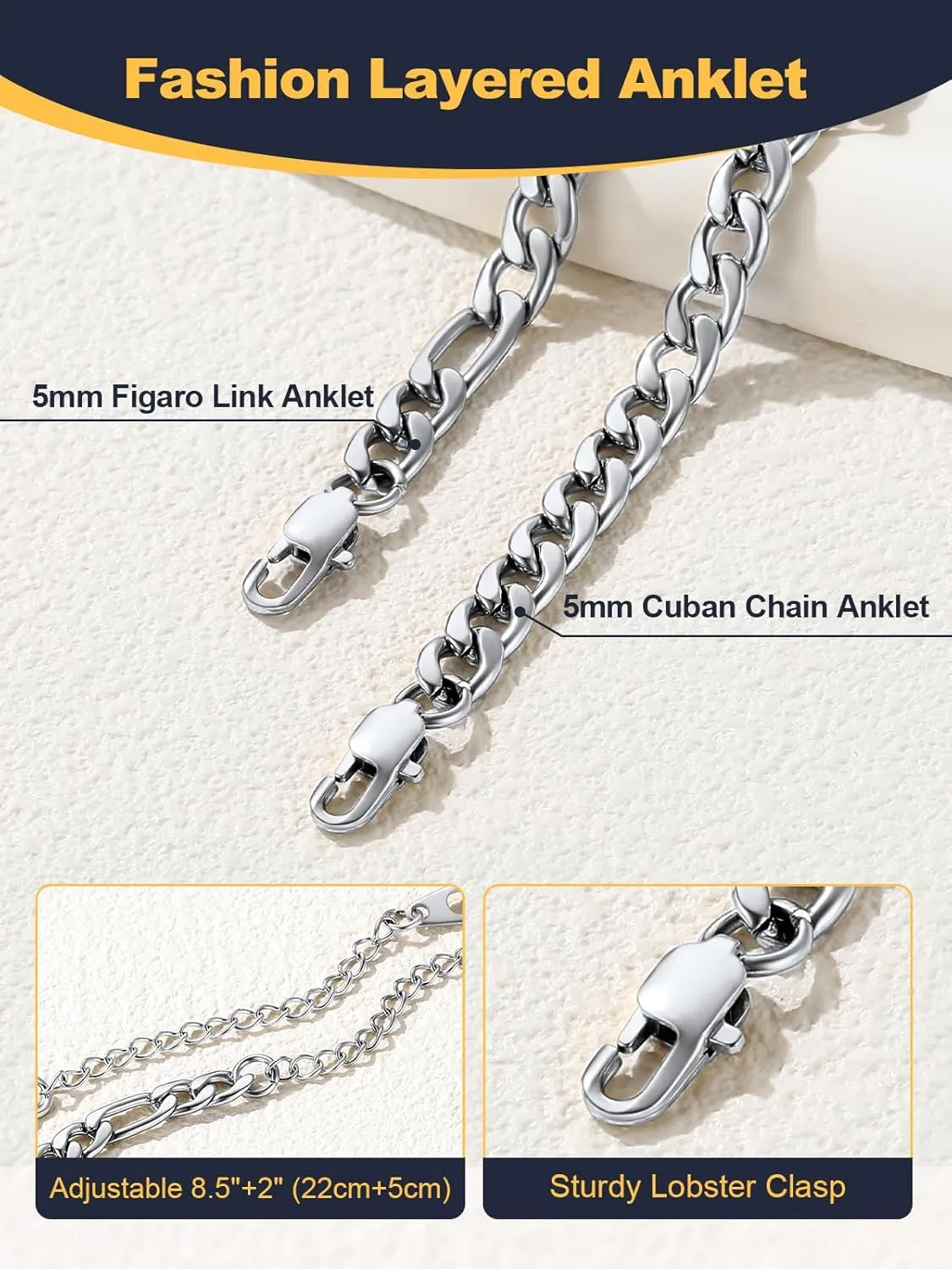 U7 2Pcs/3Pcs Ankle Bracelets for Women, Stainless Steel Cuban Link/Figaro/Rope/Heart Chain Anklets Sets,Waterproof Layered Anklets Adjustable 8.5"-10.5"