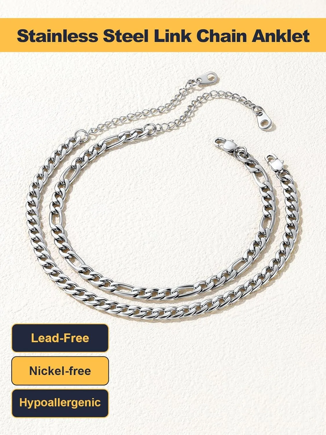 U7 2Pcs/3Pcs Ankle Bracelets for Women, Stainless Steel Cuban Link/Figaro/Rope/Heart Chain Anklets Sets,Waterproof Layered Anklets Adjustable 8.5"-10.5"